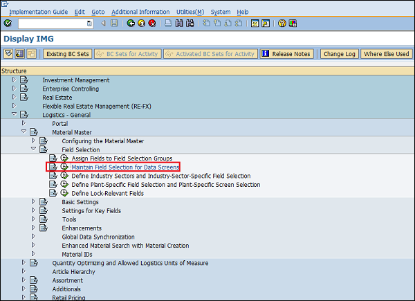 SAP 配置字段选择数据屏幕