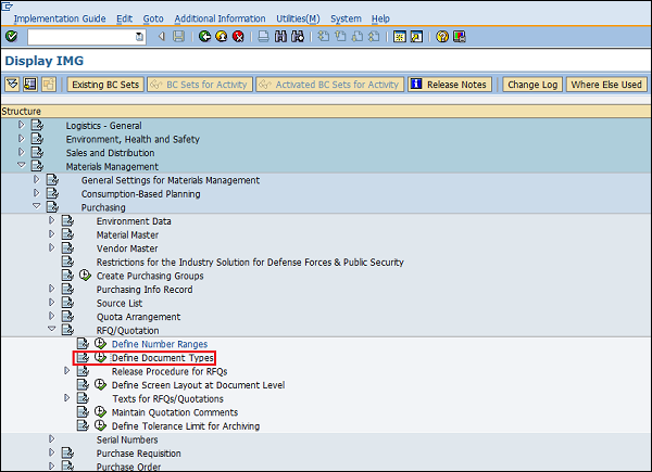 SAP 配置文档类型 rfq