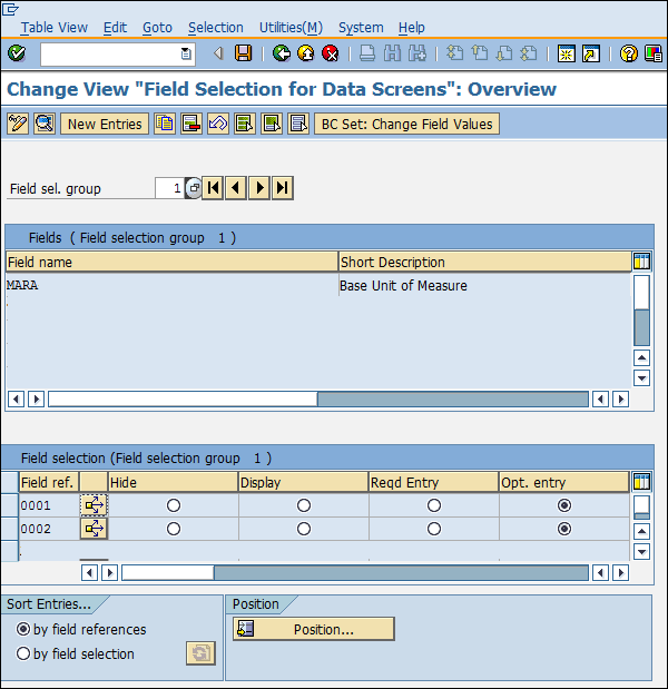 SAP 配置字段选择数据屏幕条目
